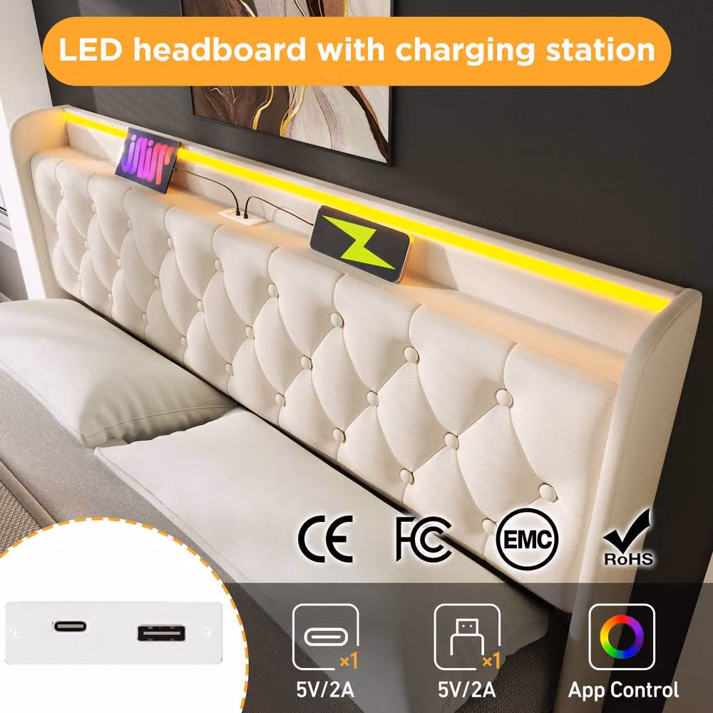 ModernLuxe Upholstered King Size Ottoman Storage Bed in White with Headboard, LED Lighting, USB Charging Ports and Bedside Shelves (W/D/H: 180 x 200 cm) – 6