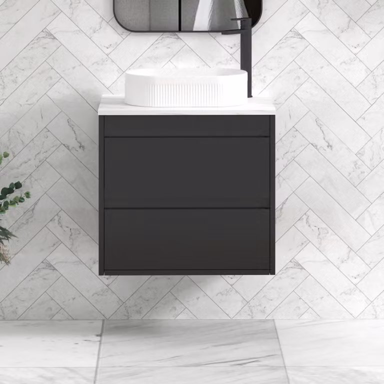 Royal Bathrooms Orion 2 Drawer Wall Hung Vanity Unit in Matt Obsidian Black with Carrara White Stone Top and Countertop Basin