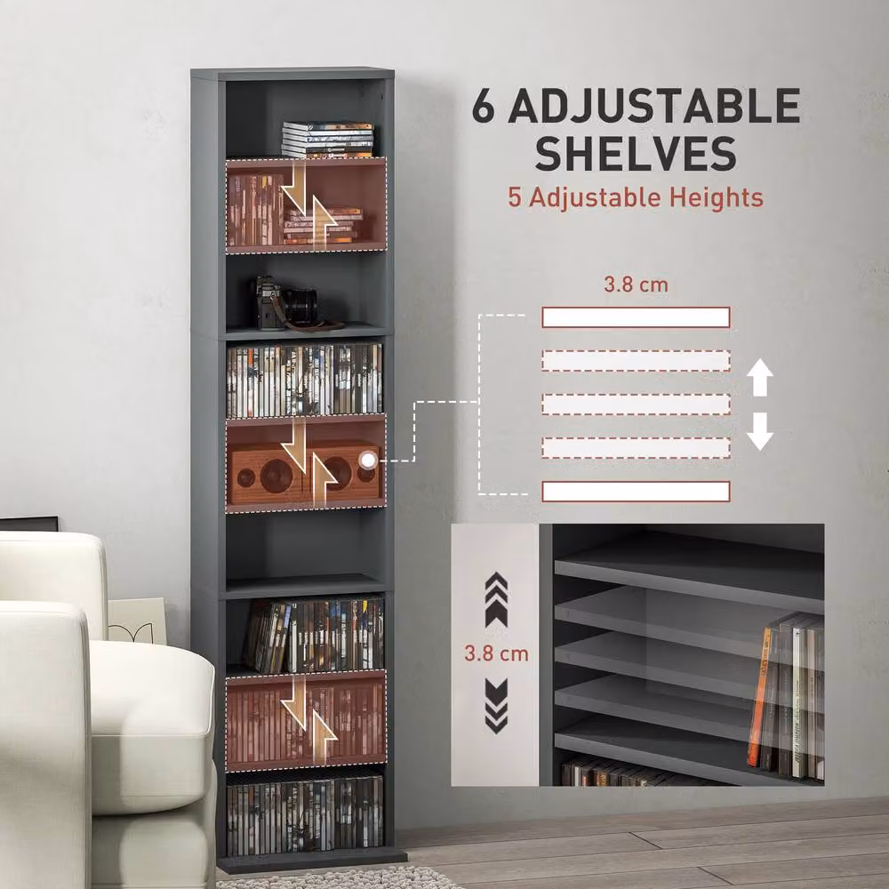 STILVORA Grey CD Storage Unit with 6 Adjustable Shelves – 6