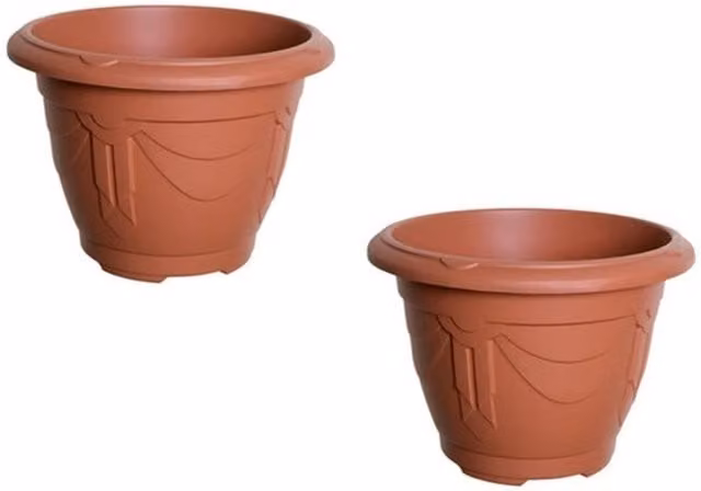 Whitefurze Round Venetian Plastic Planter Pot in Terracotta Orange, Diameter: 33 cm
