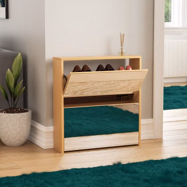 Vida Designs Modern Oak Brown Hallway Shoe Cabinet with Mirrored Tilting Compartment Doors
