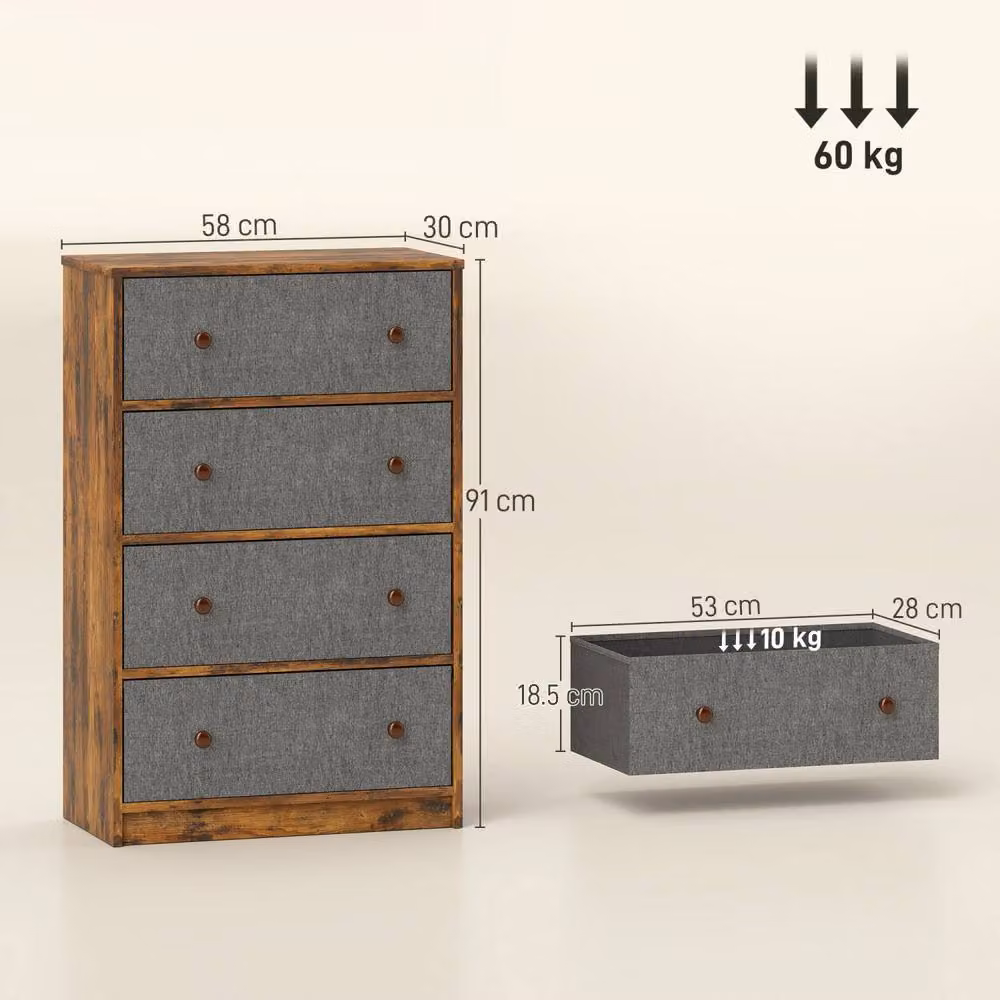 Wyld Haus Sovise 4 Drawer Fabric Storage Dresser in Grey and Rustic Brown – 4
