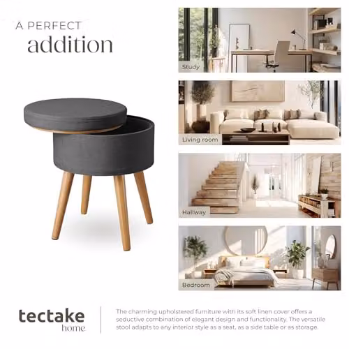 tectake Yara Round Storage Stool in Grey Fabric with Beech Legs, W/D/H: 45.5 x 42.5 x 42.5 cm – 7