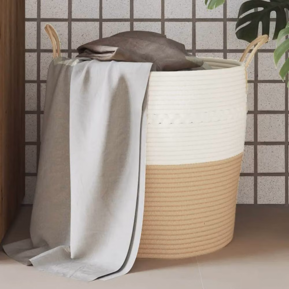 Berkfield Cotton Open Weave Storage Basket in Beige and White, W: 43 cm, D: 38 cm, H: 38 cm – 2