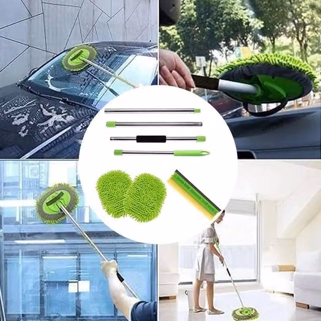 KORVIXA Green Extendable Car Wash Mop with Telescopic Handle and Microfibre Refillable Head – 1