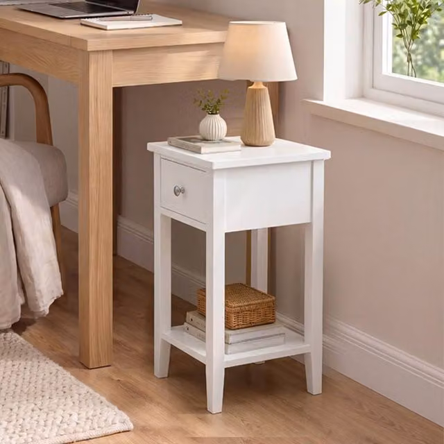 Levede Modern Narrow Bedside Table with Drawer and Shelf in White – 1