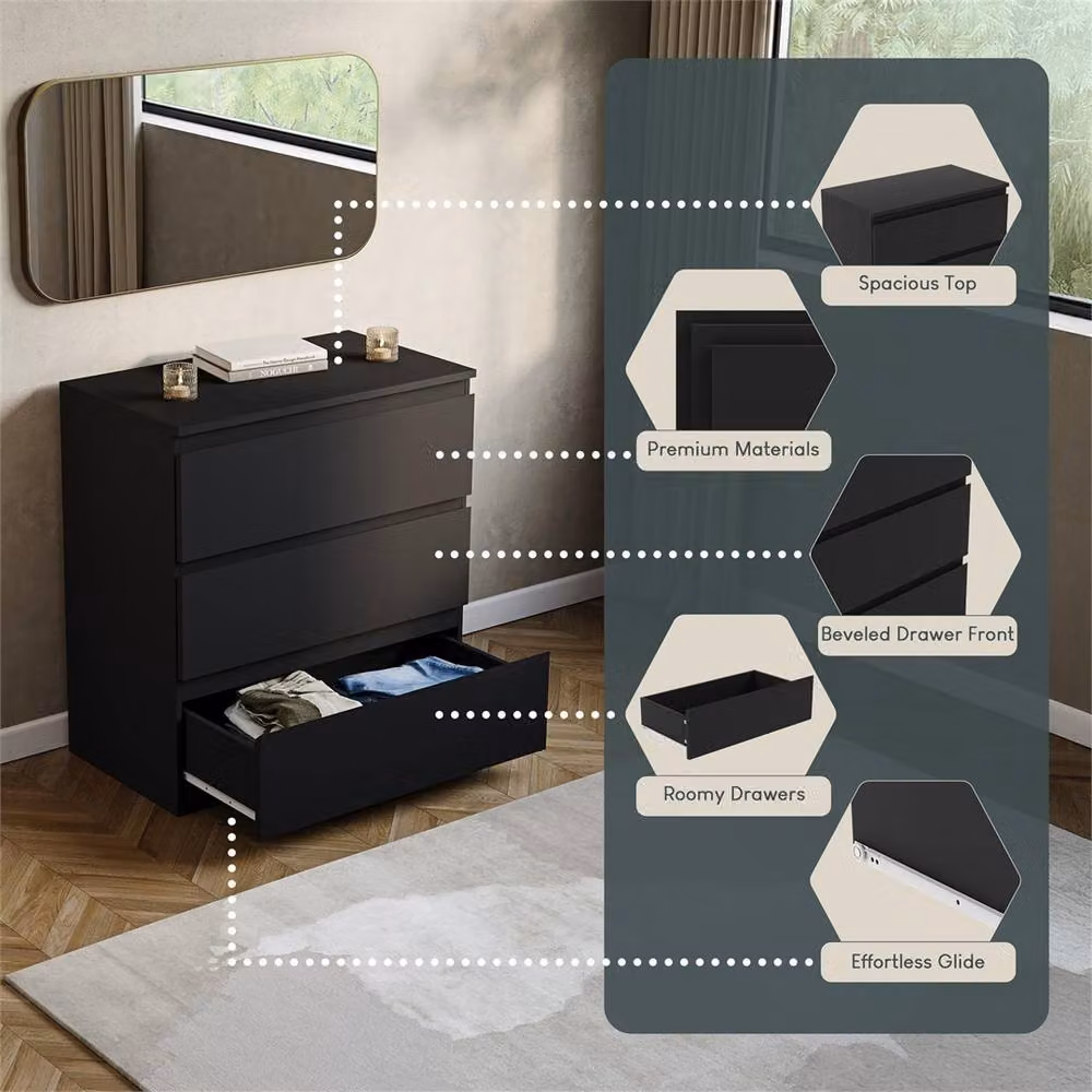NESTLUNE Black 3 Drawer Chest of Drawers Storage Cabinet W: 100 cm, D: 15 cm – 2