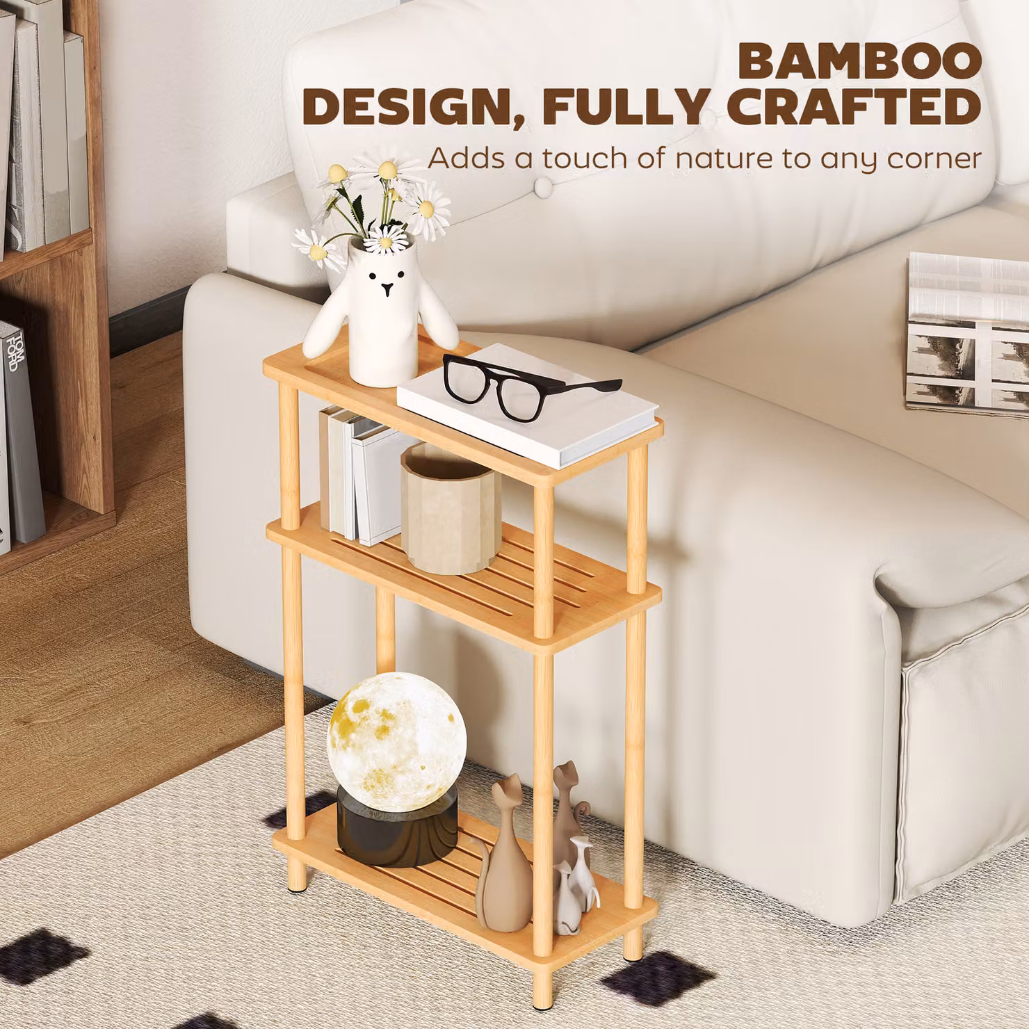 HOMCOM 3-Tier Bamboo Side Table in Natural Brown Wood Finish – 4