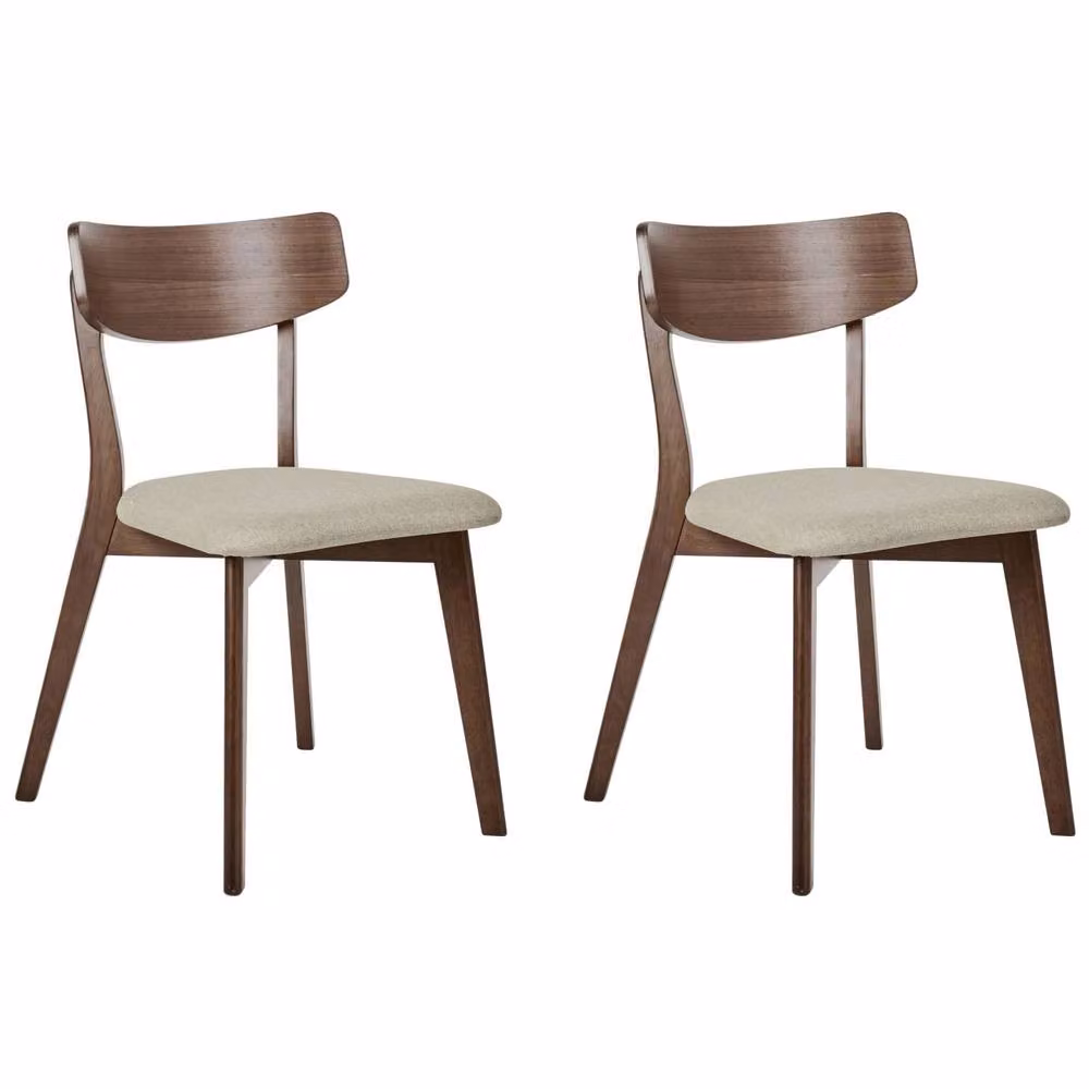 Wyld and Coco Timberline Set of 2 Armless Retro Dining Chairs in Brown Rubberwood and Beige Fabric – 2