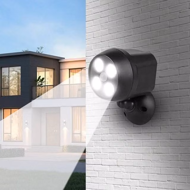 EONLION 4 LED Battery Powered Motion Sensor Security Floodlight in Black