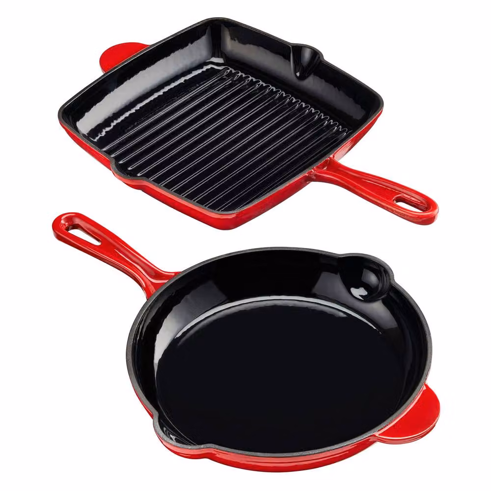 Cooks Professional 2 Piece Red Enamelled Cast Iron Frying Pan and Skillet Set – 3