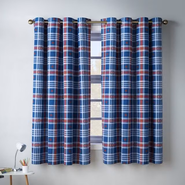 Catherine Lansfield Stars and Check Eyelet Curtains, Blue, W: 168 cm, H: 183 cm