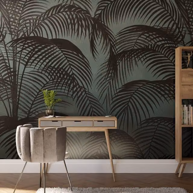 Superfresco Easy Palm Silhouette Teal Print Mural in Blue, W: 300 cm, H: 280 cm