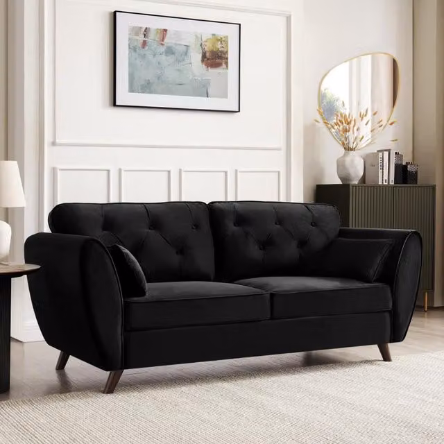 Mona 3-Seater Chesterfield Sofa in Black Velvet with Scatter Cushions