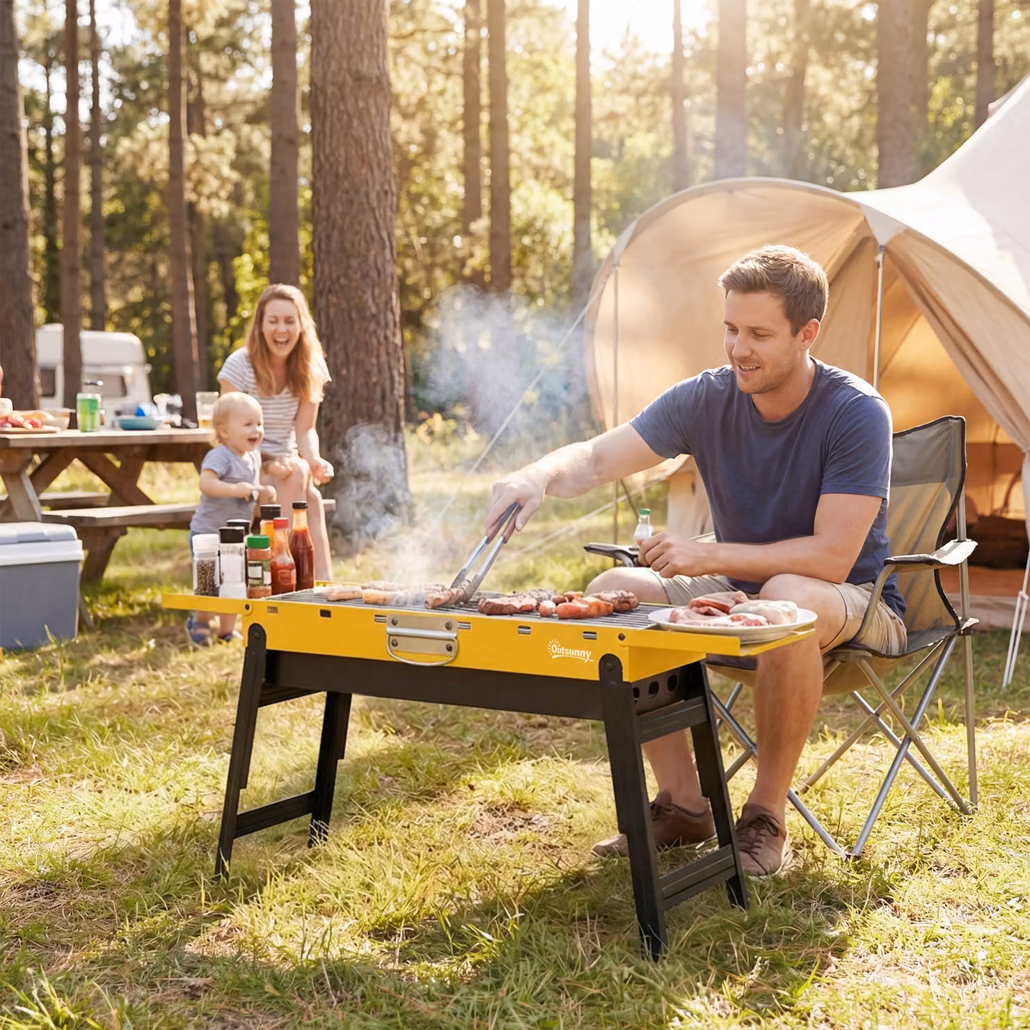 Outsunny Portable Charcoal BBQ Grill in Yellow with 2 Side Shelves and Handle – 2