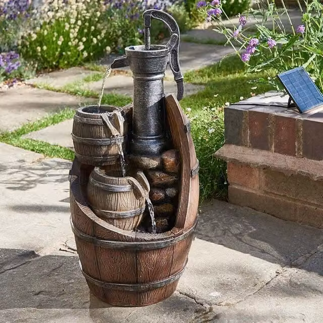 Garden Mile Whisky Barrel Cascade Solar Water Feature Fountain in Brown