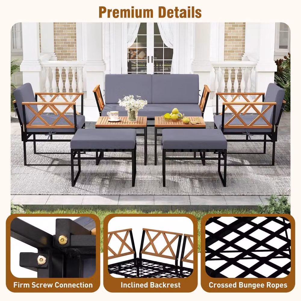 Gymax 7-Piece L-Shape Sectional Garden Sofa Set with Coffee Table and Ottoman in Brown – 7