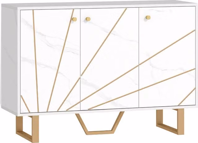 HOMCOM Modern Sideboard Storage Cabinet with Adjustable Shelves and Metal Legs in White and Gold – 1