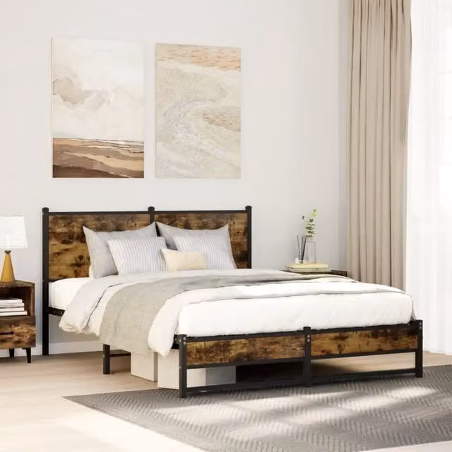 Berkfield Home Metal Bed Frame in Smoked Oak Brown, W/D/H: 140 x 200 cm