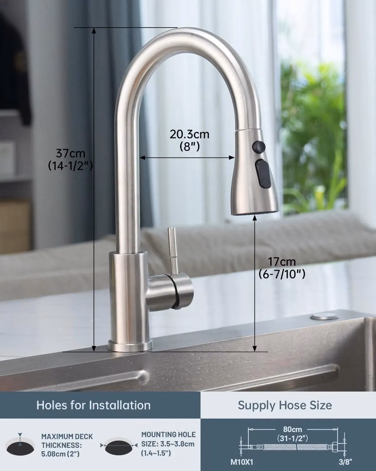 Appaso Single Lever Kitchen Tap with Pull Out Spray in Brushed Silver Stainless Steel – 3