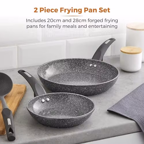 Tower Cerastone 2 Piece Forged Frying Pan Set with Non-Stick Ceramic Coating and Soft Touch Handles, Grey, 20 cm and 28 cm, T81282 – 2