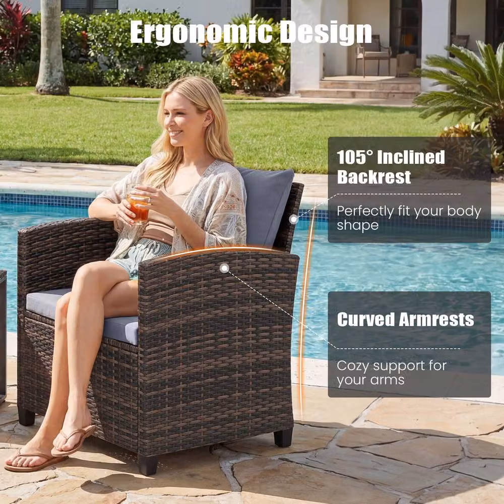 Costway 3-Piece Grey PE Rattan Outdoor Bistro Set with Upholstered Cushions and Coffee Table – 4