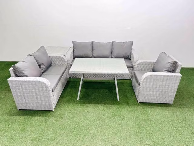 Fimous Patio Dining Table and Chairs Set with Reclining Chair and Side Table in Light Grey