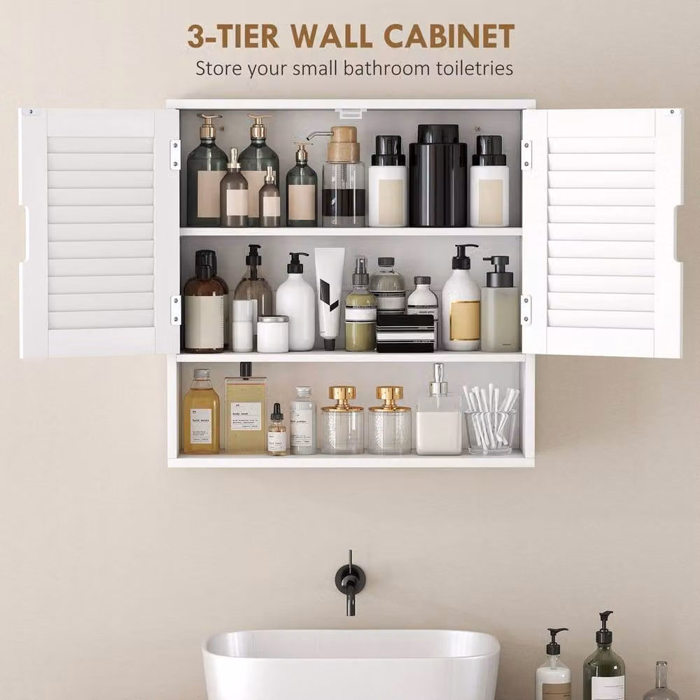 EONLION White Wall Mounted Bathroom Cabinet with Internal Shelves and Hinged Doors, W: 60 cm, D: 20 cm, H: 60 cm – 2