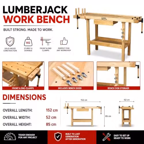 Lumberjack Heavy Duty Woodworking Workbench with 1 Drawer and 2 Vices in Brown and Beige – 4