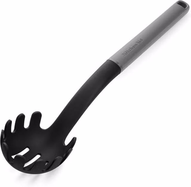 KitchenAid Round Nylon and Silicone Skimmer Pasta Server in Grey and White, Heat Resistant and Dishwasher Safe