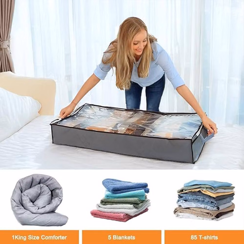 Ventryn 2 Piece Large 90L Underbed Zipped Storage Bags for Clothing in Grey – 3
