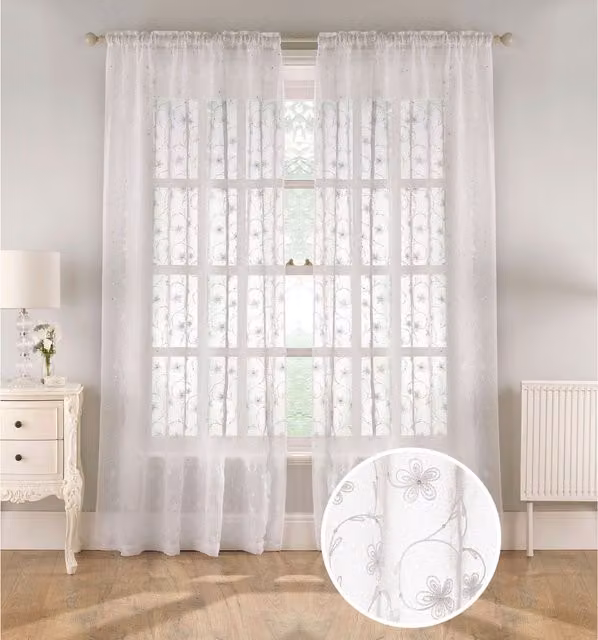 Tyrone Textiles Pair of White Sheer Linen Look Voile Panels with Floral Print and Sequins, Height: 229 cm