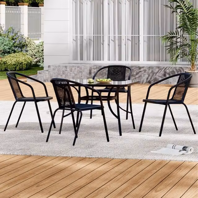 Livingandhome Modern 4-Seater Outdoor Bistro Set with Square Matt Black Glass Table and 4 Transparent Stacking Chairs