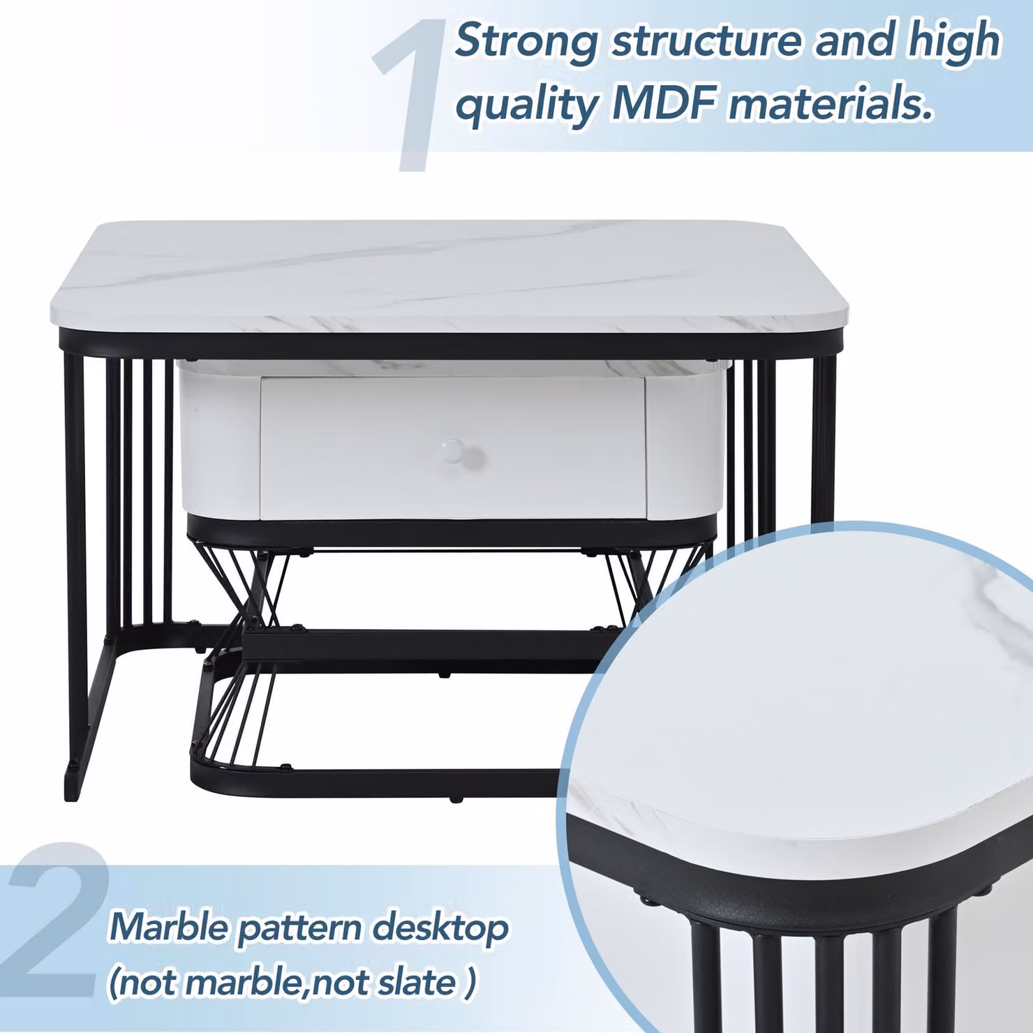 Aosom UK Nesting Coffee Table Set with Open Storage Shelf, White and Black MDF Tops, W/D/H: 70 x 70 x 45 cm – 4