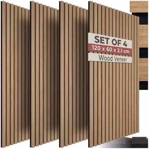 tectake Set of 4 Acoustic Wall Panels with Real Wood Veneer and MDF, Sound-Absorbing Wood Slats with Felt Fabric, Brown, W: 120 cm, D: 60 cm, H: 2.1 cm