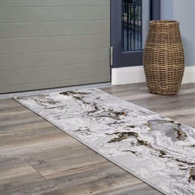 The Rug House Grey and Gold Metallic Distressed Marble Effect Area Rug W: 240 cm, D: 70 cm