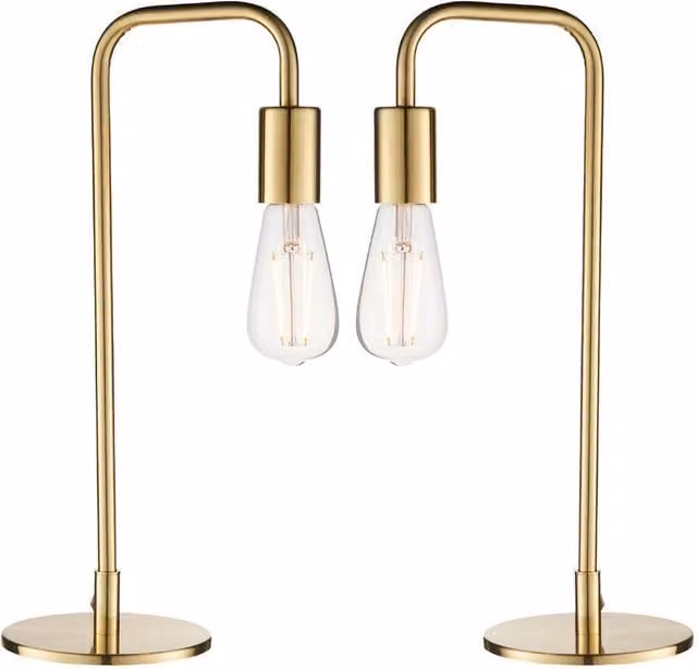 Loops 2 Pack Modern Brass Industrial Table Lamps with Transparent Glass Shades in Gold/Brass