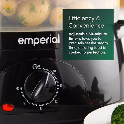 Emperial 3 Tier Electric Food Steamer, 9L Black Vegetable Steamer with 3 BPA Free Removable Baskets and Rice Bowl, 800W – 5