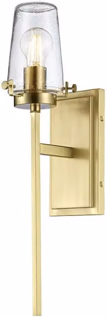 Loops IP44 Industrial Wall Light with Brass Accents and Transparent Glass Shade, E27 LED Compatible, H 127 cm x W 18.9 cm x D 18.9 cm
