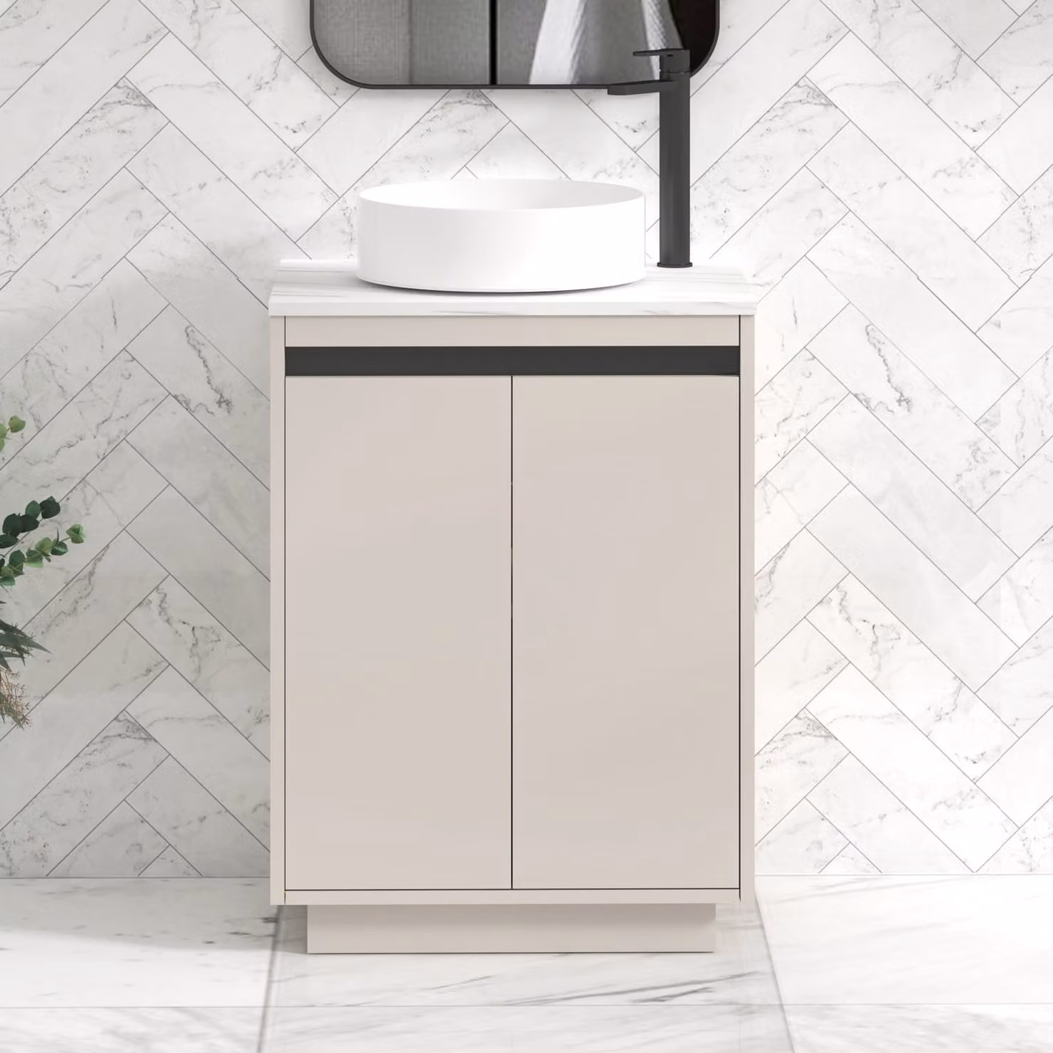 Royal Bathrooms Orion 600mm Warm Taupe Floor Standing 2 Door Vanity Unit with Art Basin and Black Accent Trim