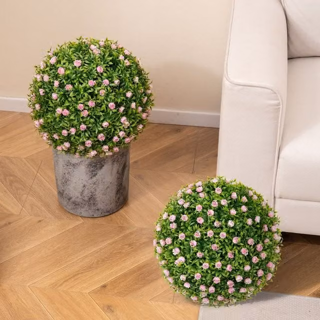 Costway 2 Pack Artificial Pink Flower Topiary Balls in Green, 37 cm Diameter – 1