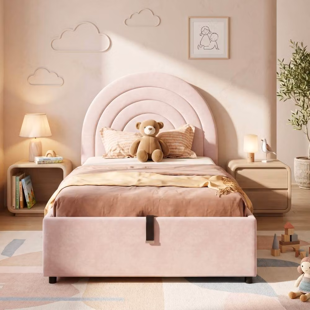 ModernLuxe Kids Single Velvet Upholstered Bed with Hydraulic Storage and Headboard in Pink, W/D/H: 90 x 200 x 150 cm – 4