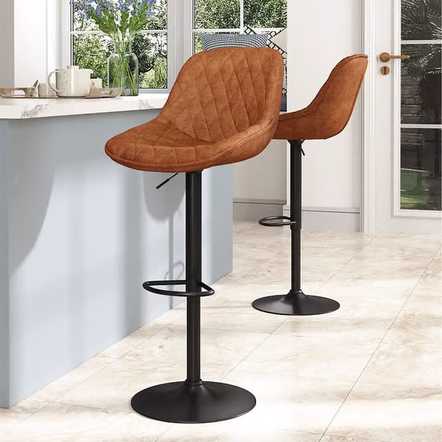 Komore Set of 2 Modern Geometric Leather Counter Swivel Bar Stools in Brown and Black