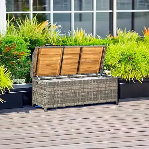 vidaXL Modern Grey Poly Rattan Garden Storage Bench with Acacia Wood, W: 120 cm, D: 50 cm, H: 50 cm – 3