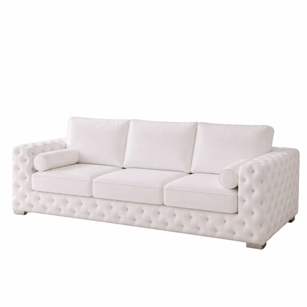 Stratus Interiors Ashley Luxury Chesterfield 3 Seater Fabric Upholstered Sofa in White, W: 203.2 cm, H: 76.0 cm, D: 67.0 cm – 2