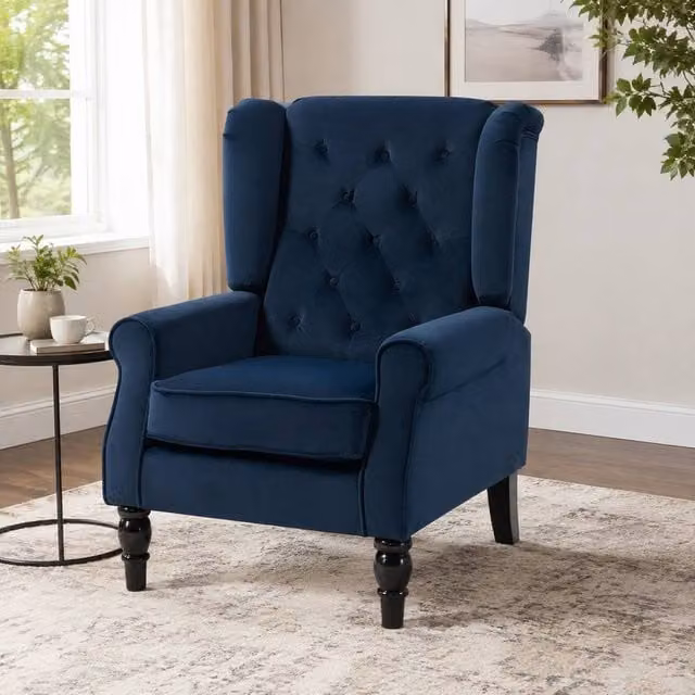 STILVORA Retro Blue Velvet Wingback Armchair with Solid Wood Frame and Spring Core, H: 102.0 cm, W: 74.0 cm, D: 86.0 cm – 1