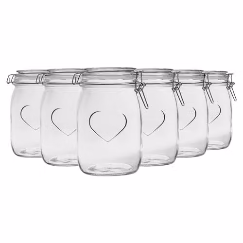 Nicola Spring Heart Shaped Glass Storage Jars with Airtight Clip Lid, 1000ml, Pack of 6, Transparent