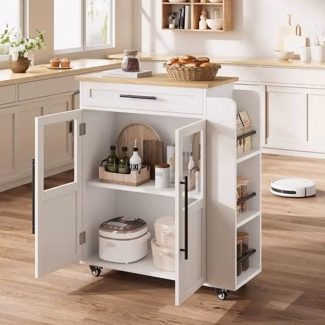 Havendro Rolling Kitchen Cart with 3-Tier Spice Rack and Drawer Storage Cabinet in White