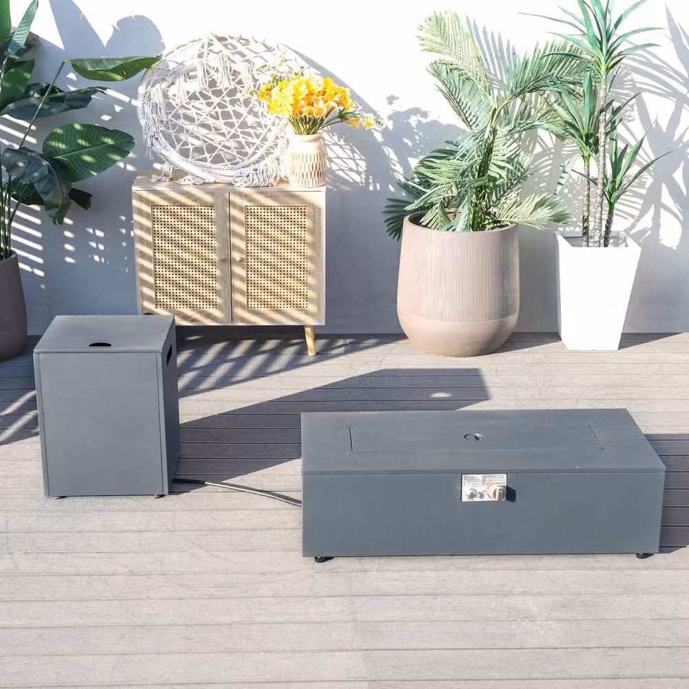 MIMO Outdoor Rectangular Gas Fire Pit Table with Multi-Use Side Table in Grey – 6