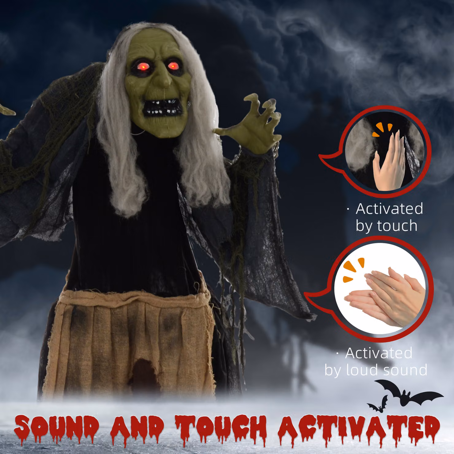HOMCOM Hunchback Witch Halloween Animatronic with Glowing Eyes in Red and Multicolour – 5